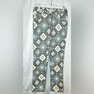 Gretchen Scott Women’s Aztec Print Pants Size Lg Gray Blue Stretch Cotton Blend
